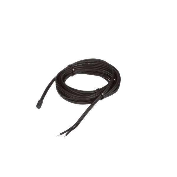 A black cable with a black end and a black and white label.