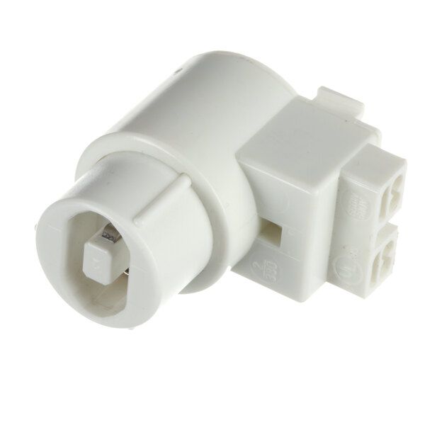 A white plastic bulb holder with a square hole.