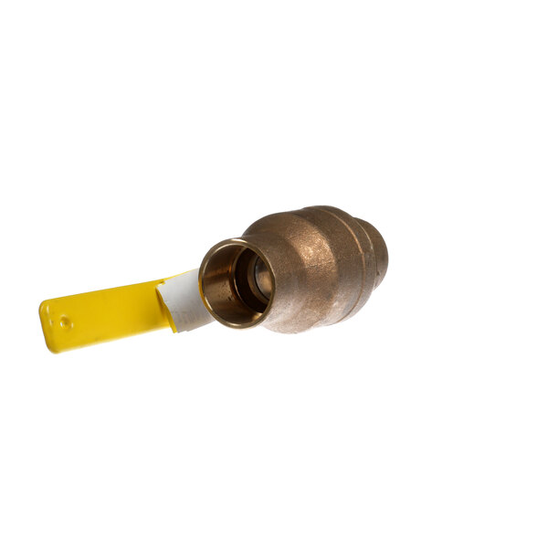 A brass ball valve with a yellow handle and a pipe.