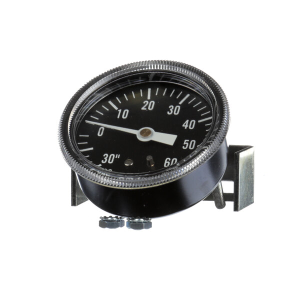 A black Groen pressure gauge with white numbers on a white background.