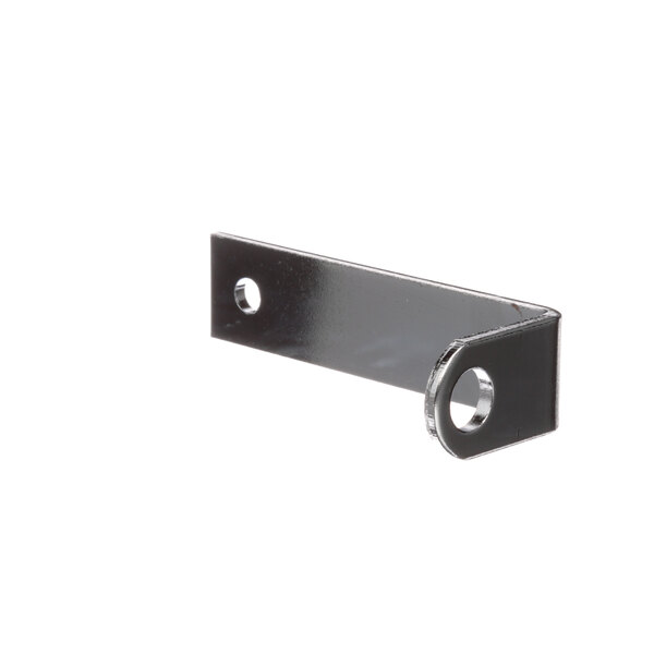 A metal L-shaped hinge with holes in it.