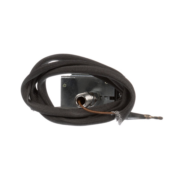 A black cord with a metal box and a wire attached to it.