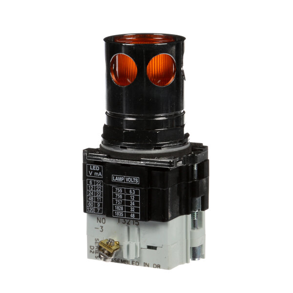 A black and white Somat push button with orange lights.
