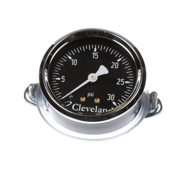 A close-up of a Cleveland pressure gauge with a white face.