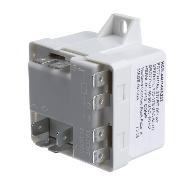 A white electrical relay with gray and white components and black text.