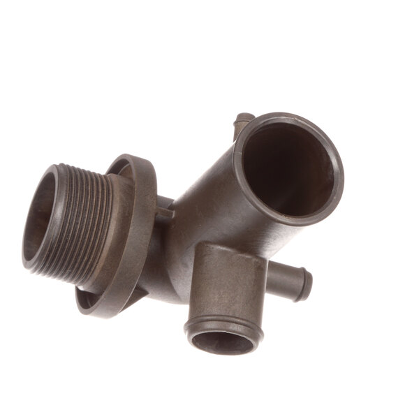 A brown plastic Champion manifold lower with a hole in it.