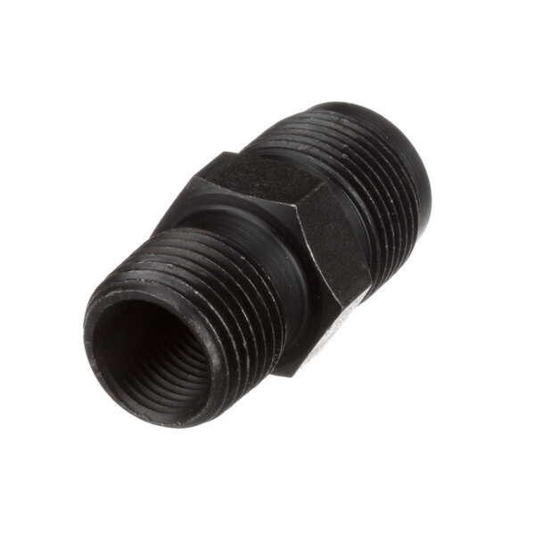 A black threaded male pipe fitting with a nut.