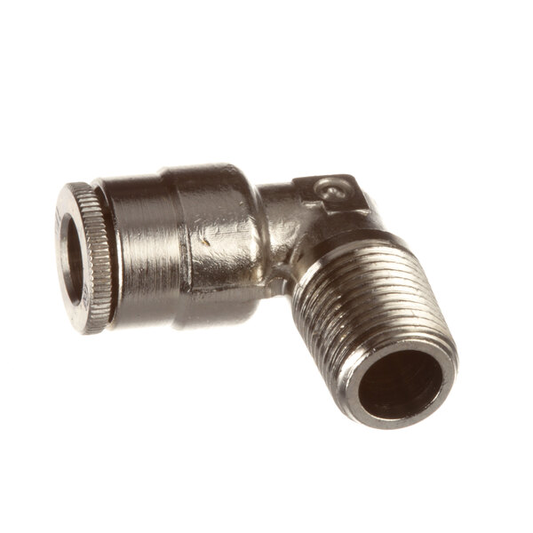 A stainless steel Frymaster 90 degree tube fitting with a nut.
