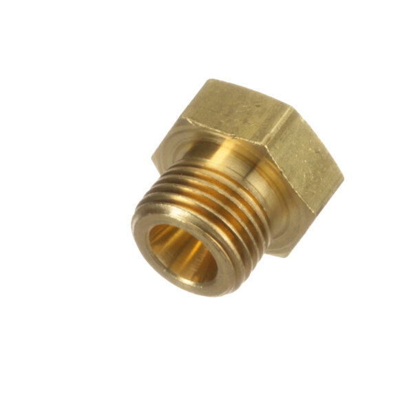 A close-up of a brass threaded male fitting with a brass nut.