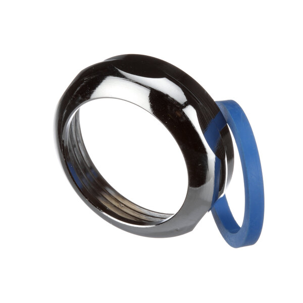 A chrome slip nut with black rubber and metal rings.