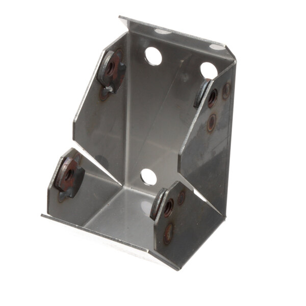 A metal Frymaster caster bracket with holes.