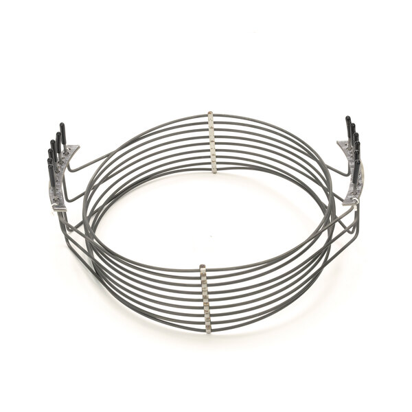 A circular metal wire basket with metal rods and a metal handle.