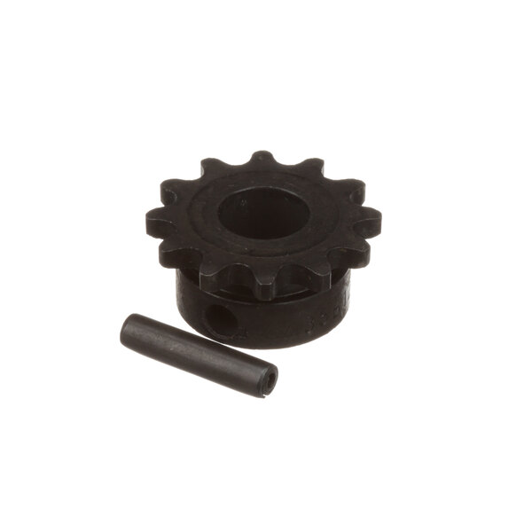 A close-up of a black Blodgett sprocket with a small pin.