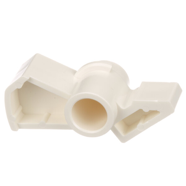 A white plastic pipe fitting with a hook spacer.