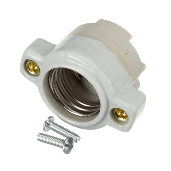 A white US Range porcelain lamp socket with screws and nuts.