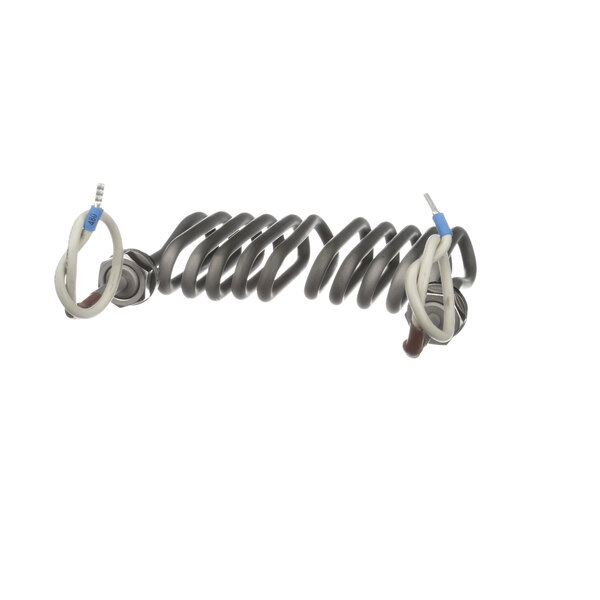 A coiled black and white wire with a white cable spring.