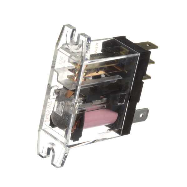 A small black and white relay with a clear plastic cover.