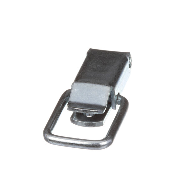 A metal latch with a black handle.