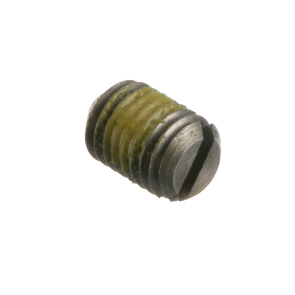 A close-up of a Hobart set screw with a green screw head.