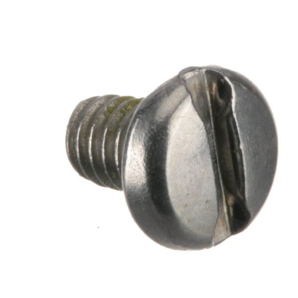 A close-up of a Hobart metal screw with a white background.