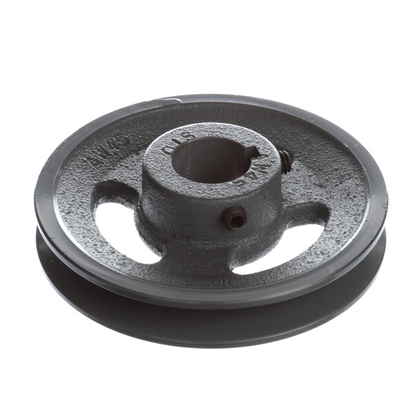 A black metal SaniServ pulley with a hole in the center.