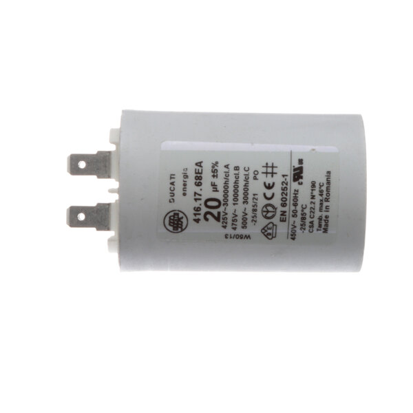 A white Southbend capacitor with black text reading "20mf" on the label.