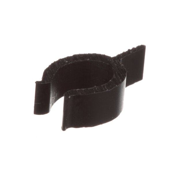 A black plastic clip on a white background with a black rubber band inside.