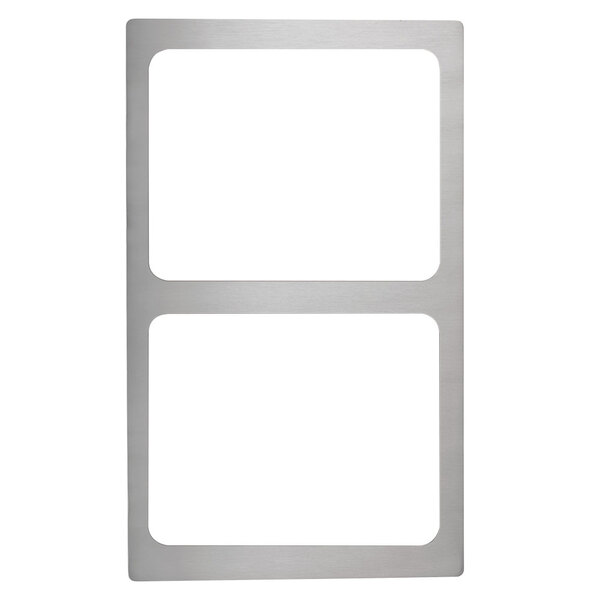 A silver stainless steel adapter plate with two white rectangular spaces.