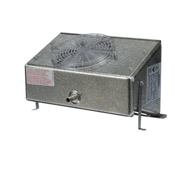 A metal box with a fan on top and a plastic grid on the surface.