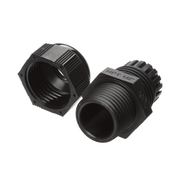 Two black plastic connectors on a white background.
