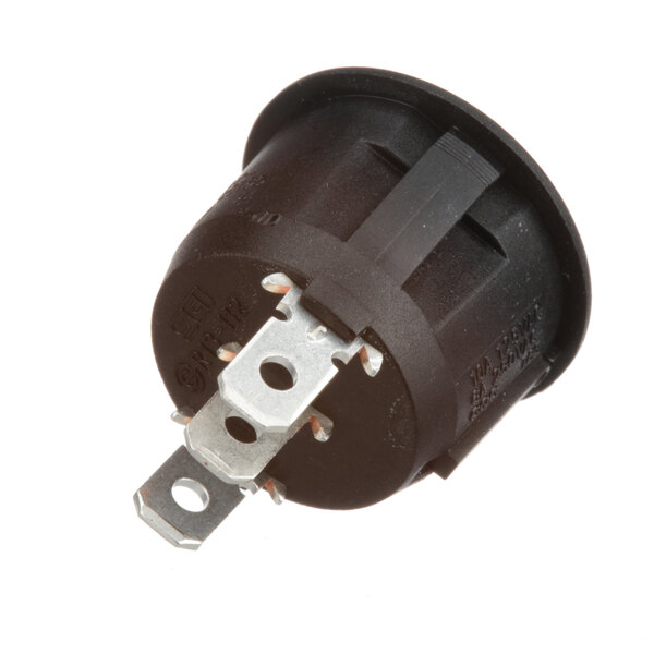 A black round rocker switch with a silver metal clip.