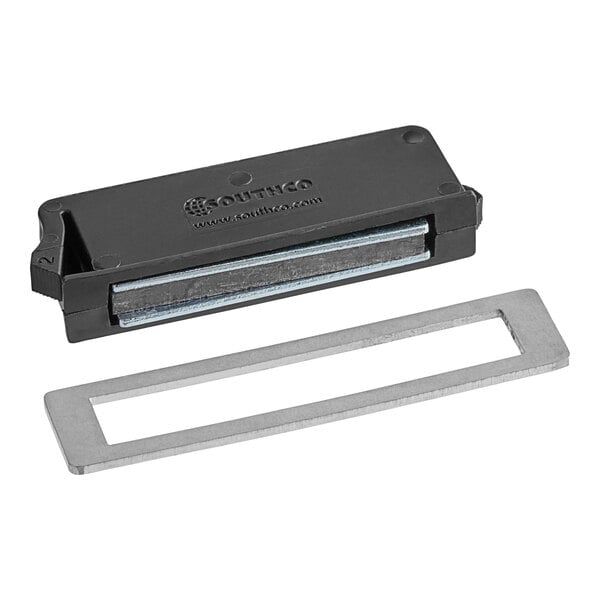 A black rectangular Hatco magnet with a metal bracket.
