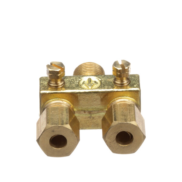 A gold metal Southbend double pilot fitting with two nuts.