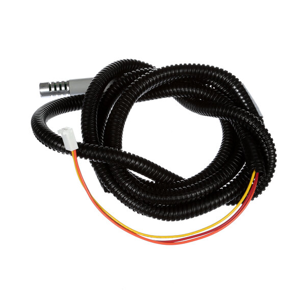 A black cable with yellow and red wires and a white and red cable.