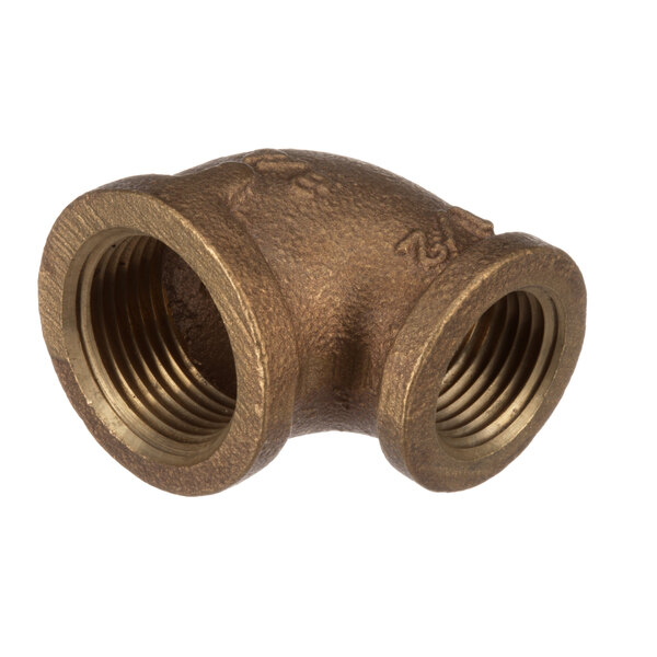 A close-up of a Blakeslee brass pipe elbow with two nuts on it.