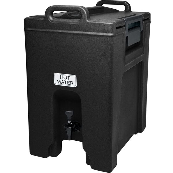 A black Cambro insulated beverage dispenser with a handle.