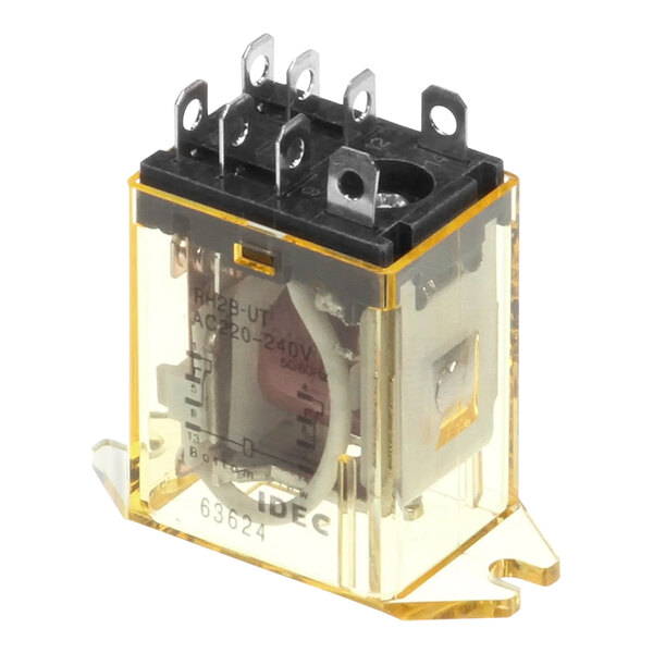 A close-up of a yellow and black Convotherm relay switch.