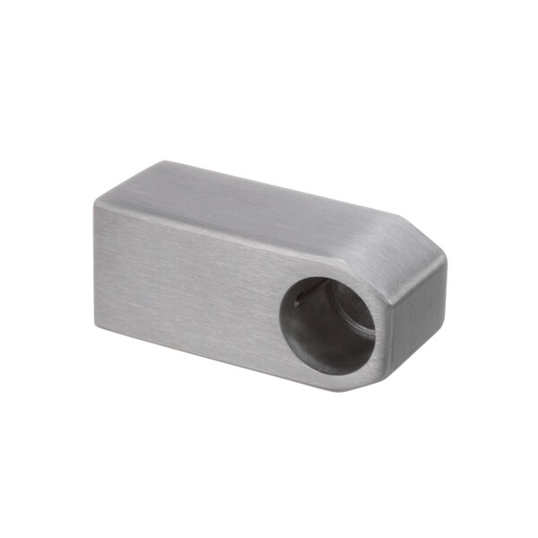 A silver rectangular metal object with a hole at one end.