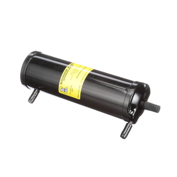 A black cylinder with a yellow label.