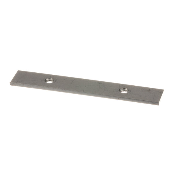 A rectangular metal plate with two holes.