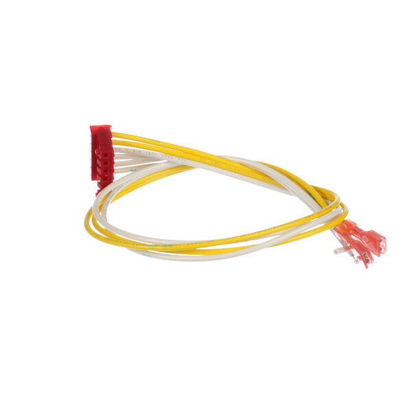 A yellow and white cable with a red connector.