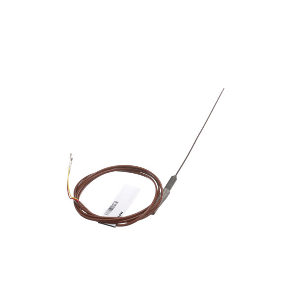 A long thin brown cable with a long needle-like metal connector.