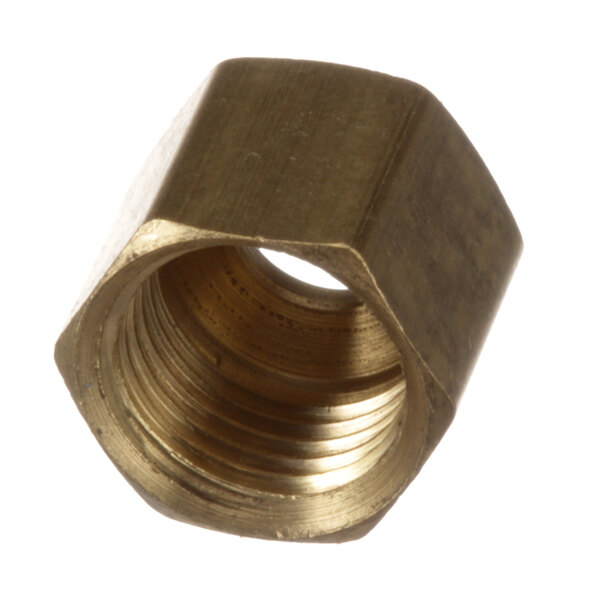 A close-up of a brass Southbend nut with threads.