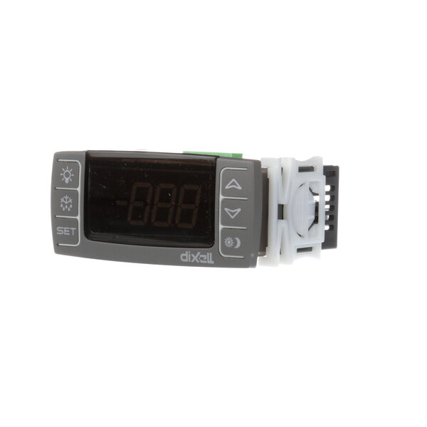A grey digital Dixell XR40C temperature controller with white buttons and numbers.