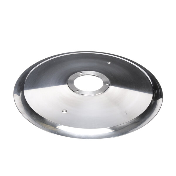 A circular stainless steel Berkel knife plate with holes in it.
