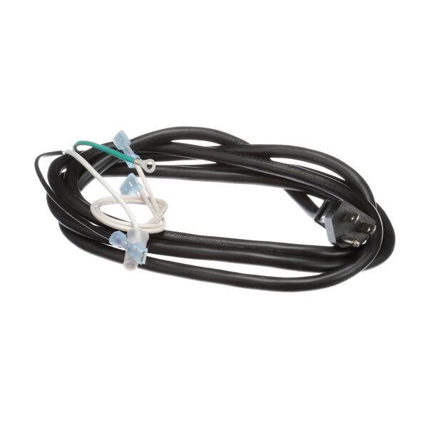 A black electrical cord with white and green wires.