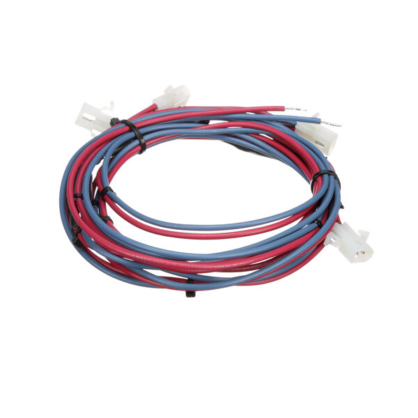 A close-up of a Hussmann wire harness with red and blue cables.