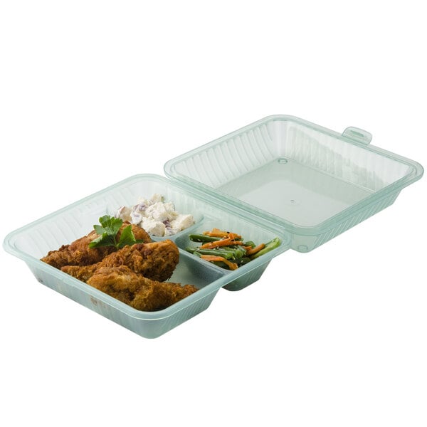 GET EC-09 9" x 9" x 3 1/2" Jade Green Customizable 3-Compartment Reusable Eco-Takeouts Container - 12/Case