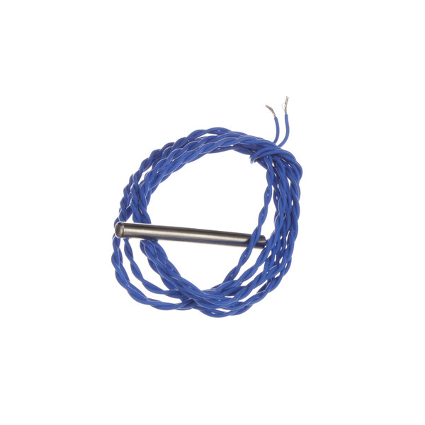 A blue wire wrapped in a metal rod.