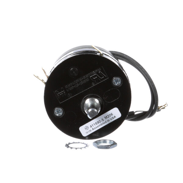 A black electric motor with a metal cover and a wire.